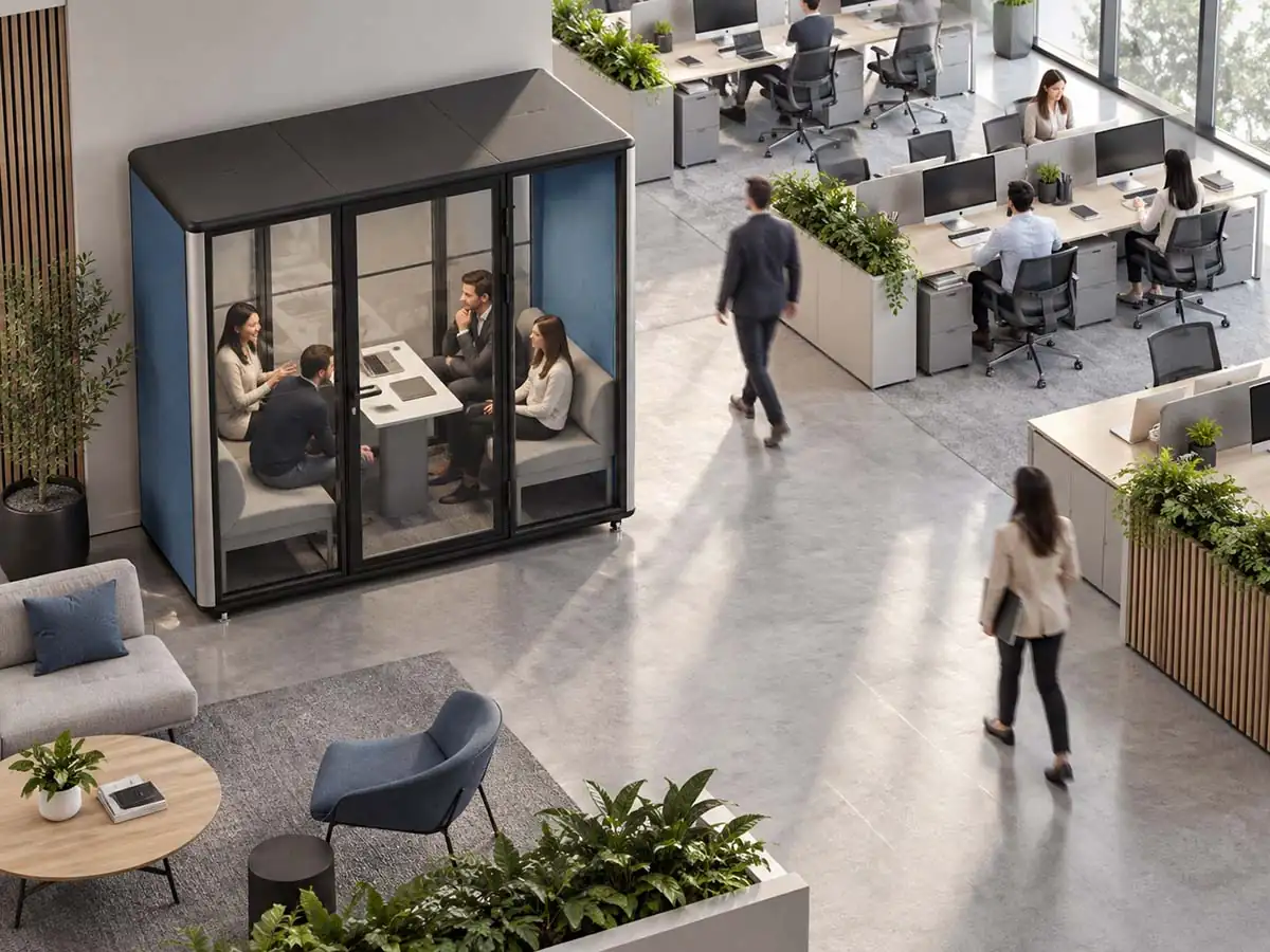 4 person meeting pod placed near open office edge while keeping workstation circulation clear