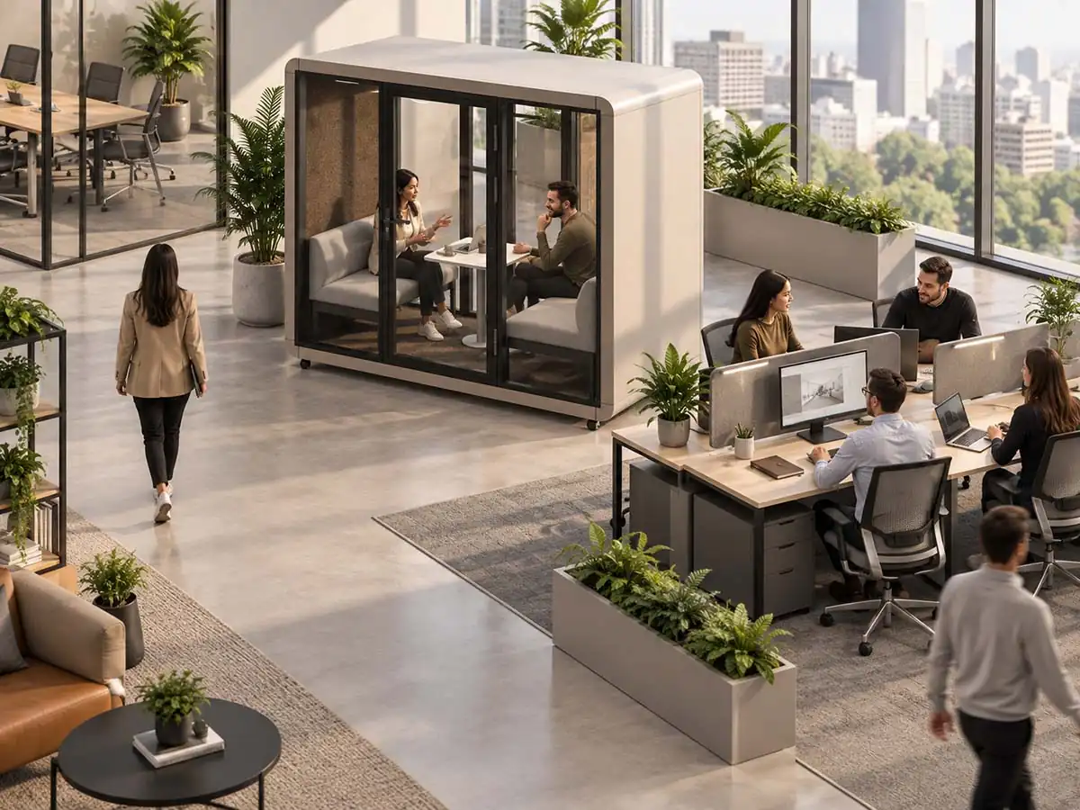 4 person meeting pod placed near project teams for short discussions and small group collaboration