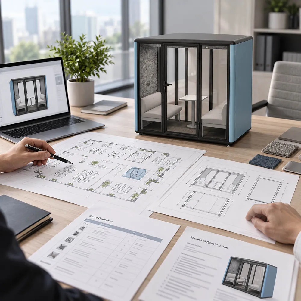 4 person meeting pod project preparation with floor plan boq specification and configuration review