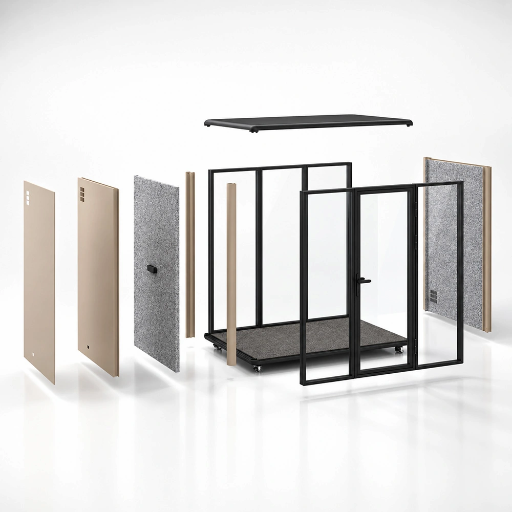 4 person meeting pod structure overview with frame glass panels acoustic panels door ceiling and base components