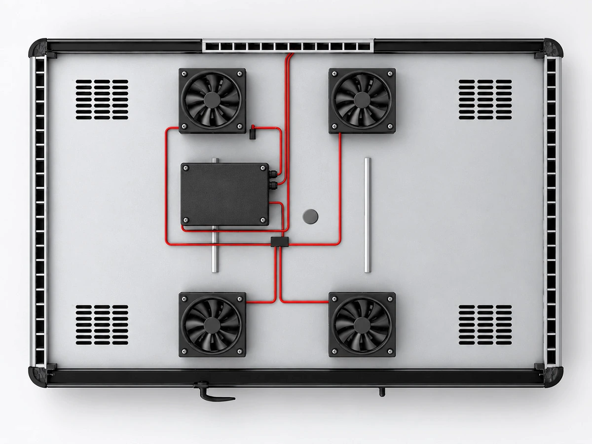 4 person meeting pod ventilation layout with four fan setup and airflow reference