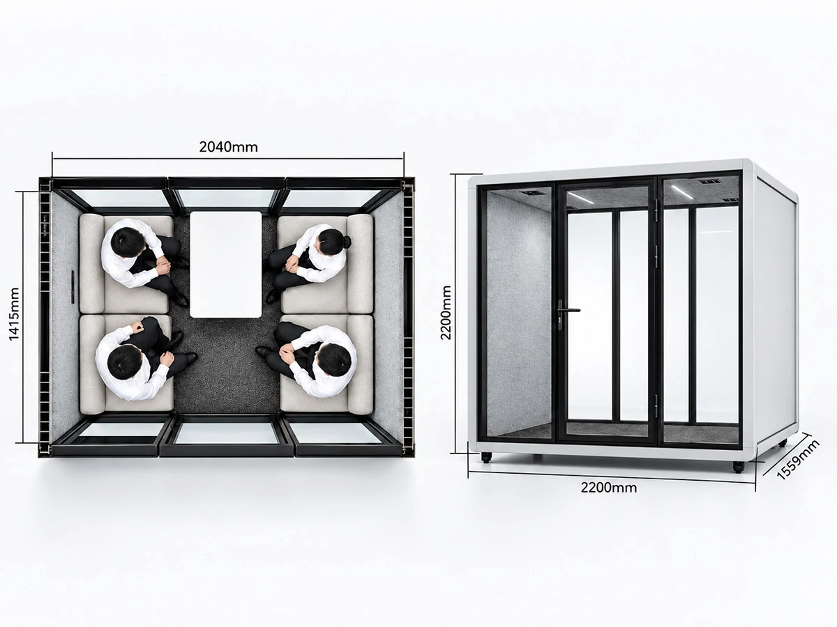 model a 4 person meeting pod dimensions with curved exterior and front and rear glass layout