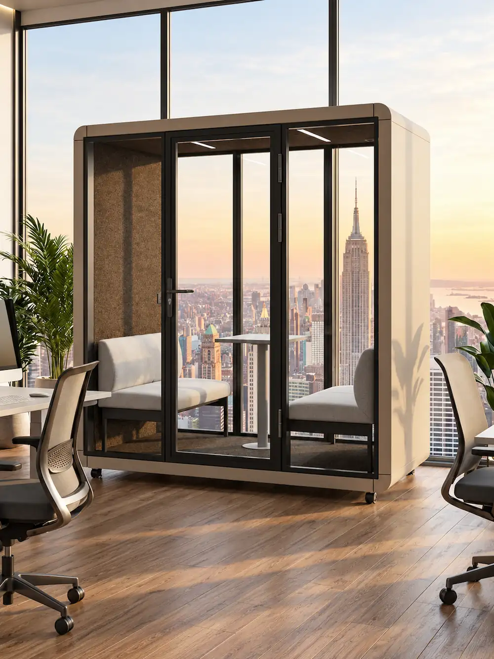 model a 4 person meeting pod with curved exterior and glass front in modern office