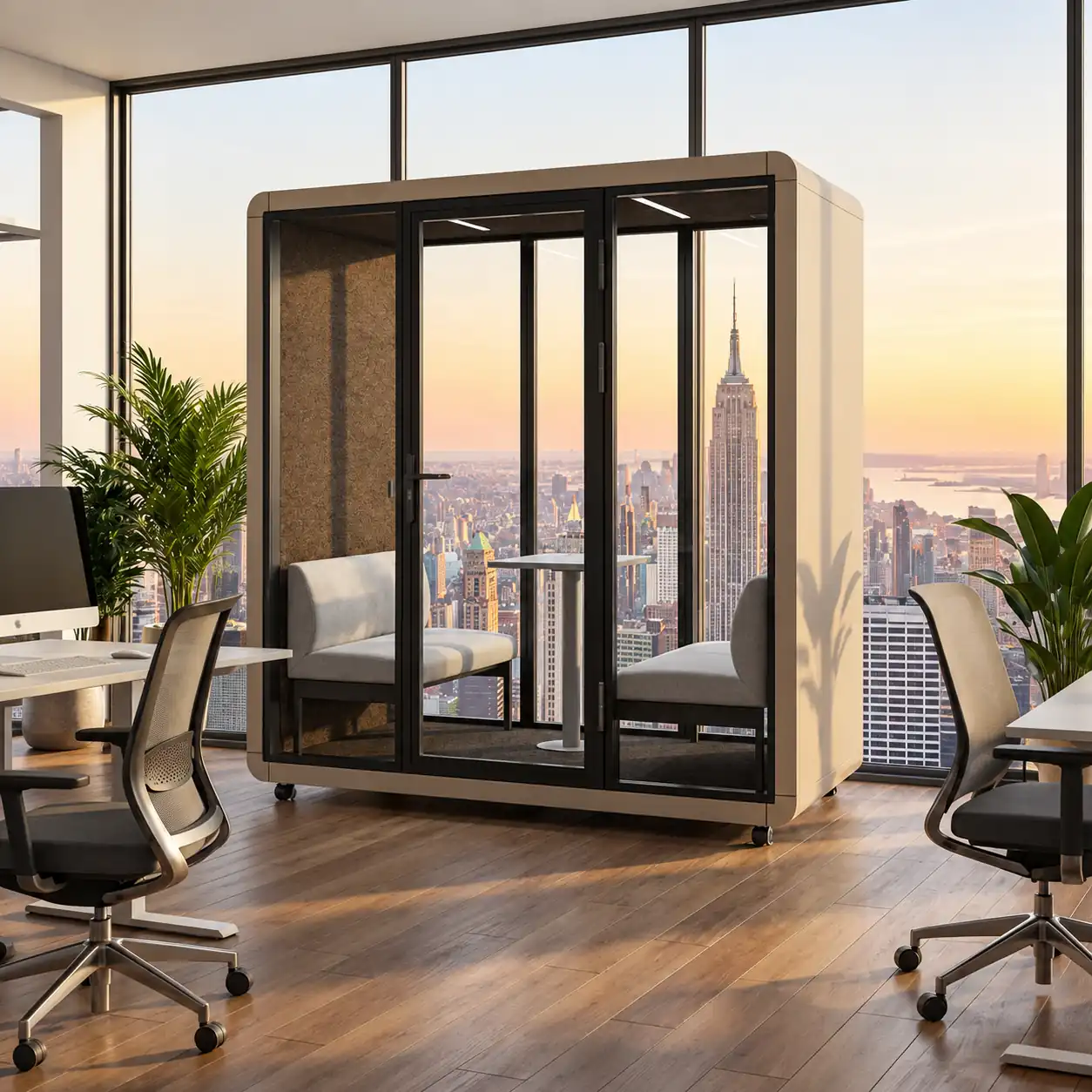 model a 4 person meeting pod with curved exterior for small meetings in office workspace