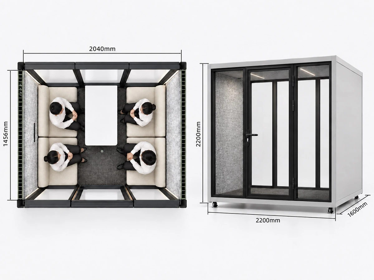 model b 4 person meeting pod dimensions with square exterior and central rear pet panel layout