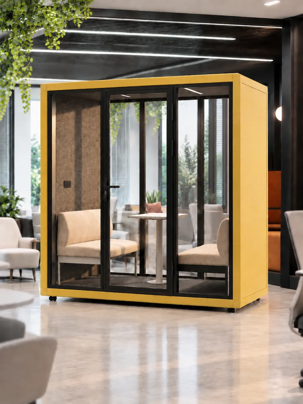 model b 4 person meeting pod with square exterior for small group meetings in open office
