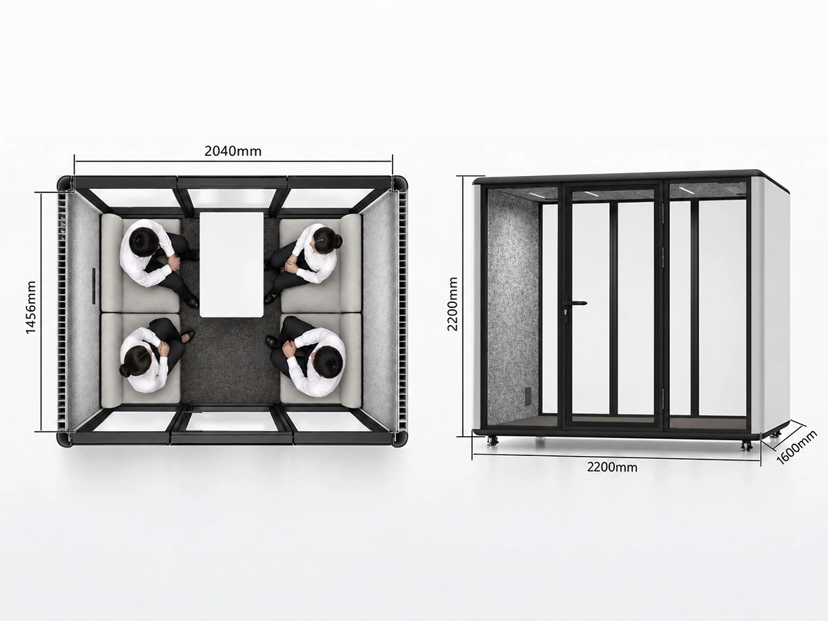 model c 4 person meeting pod dimensions with 12 sided curved exterior and central rear pet panel layout