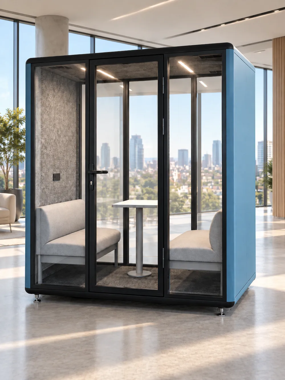 model c 4 person meeting pod with 12 sided curved exterior for office collaboration space