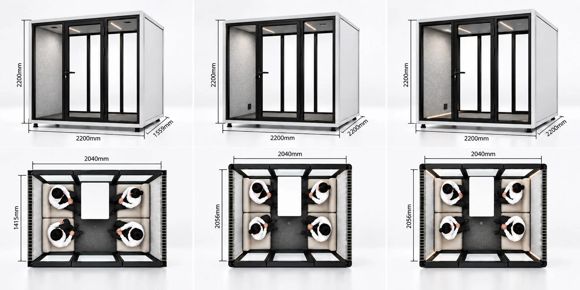 6 person meeting pod dimensions and interior layout options for model a model b and model c