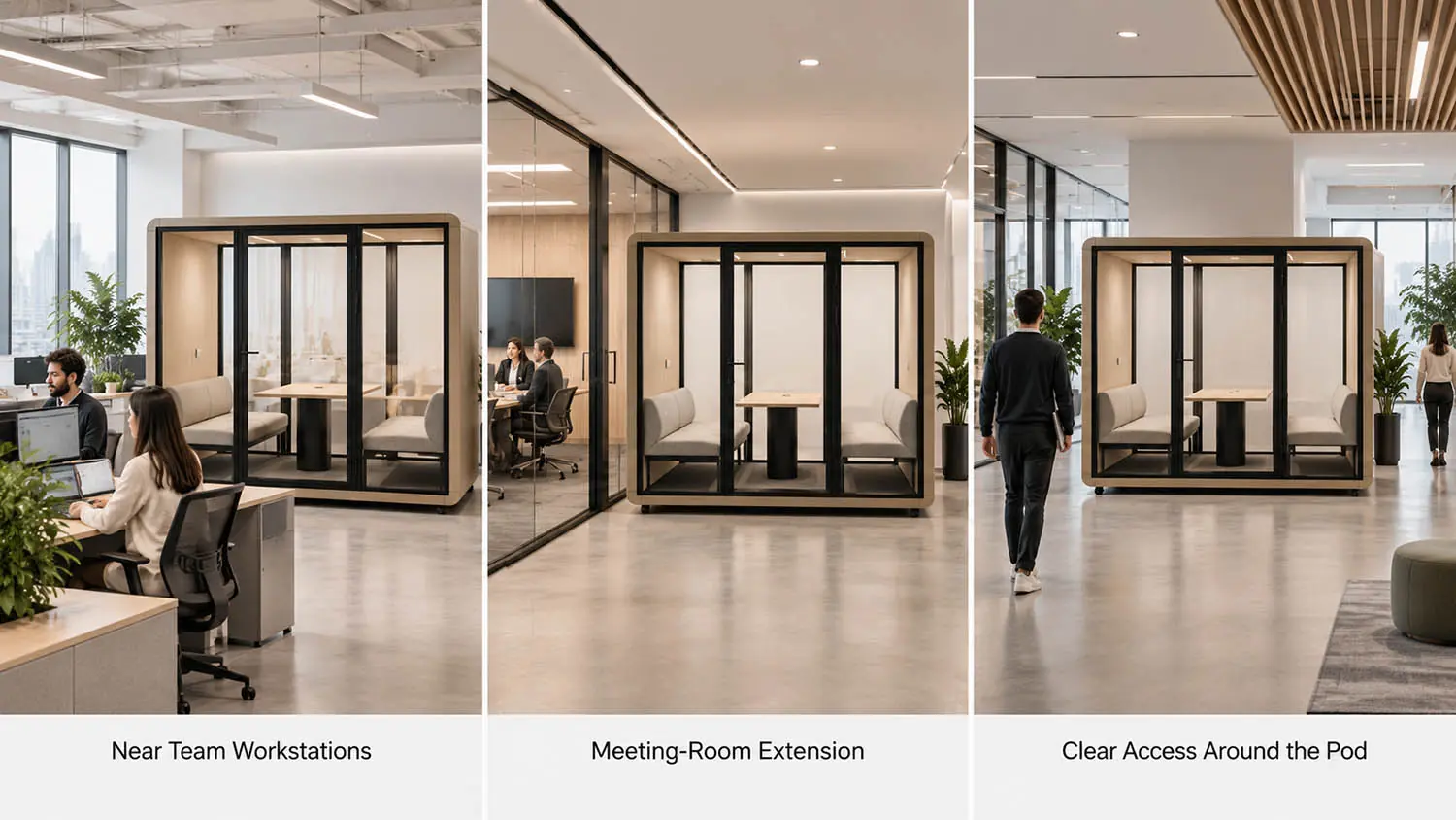 6 person meeting pod placement examples near team workstations meeting areas and office circulation paths