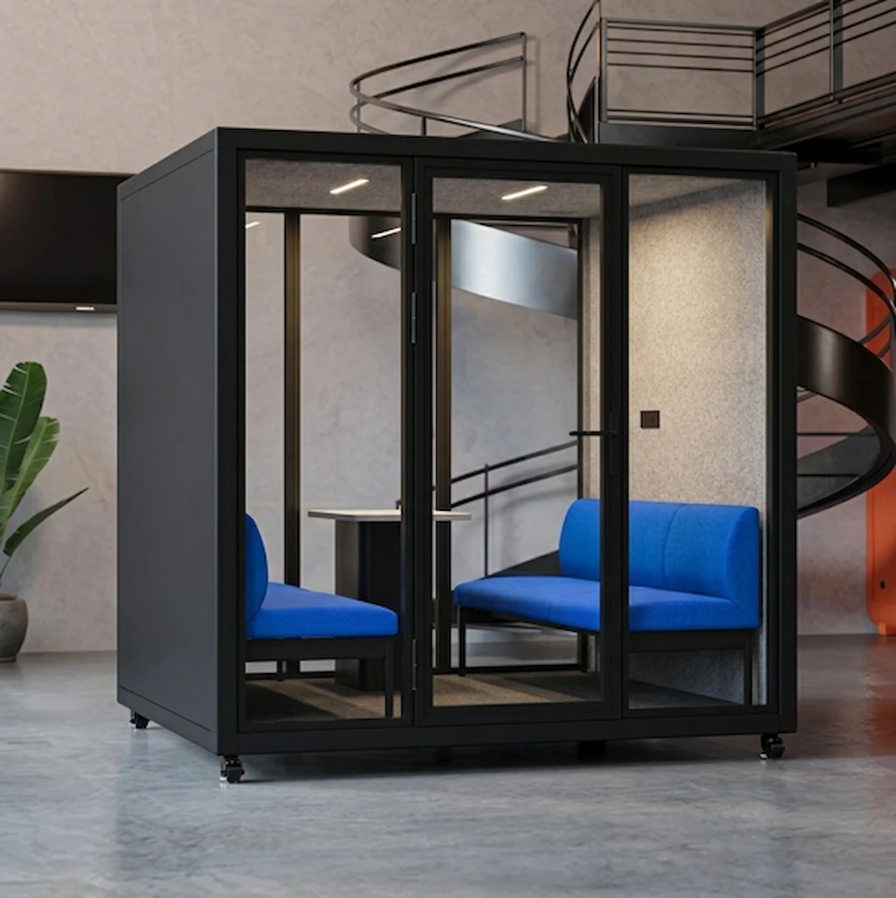 6 person meeting pod with blue seating for team meetings and collaborative discussions