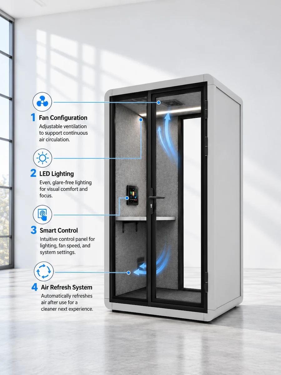 office phone booth ventilation and lighting options