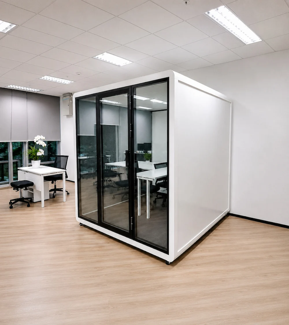 office pod case study project with multiple office phone booths in a workplace