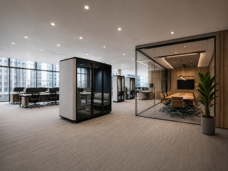 office pod vs traditional meeting room layout in a modern workplace