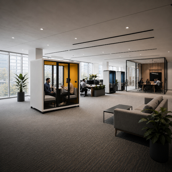 office pods placed near team work areas to support smaller daily tasks outside formal meeting rooms