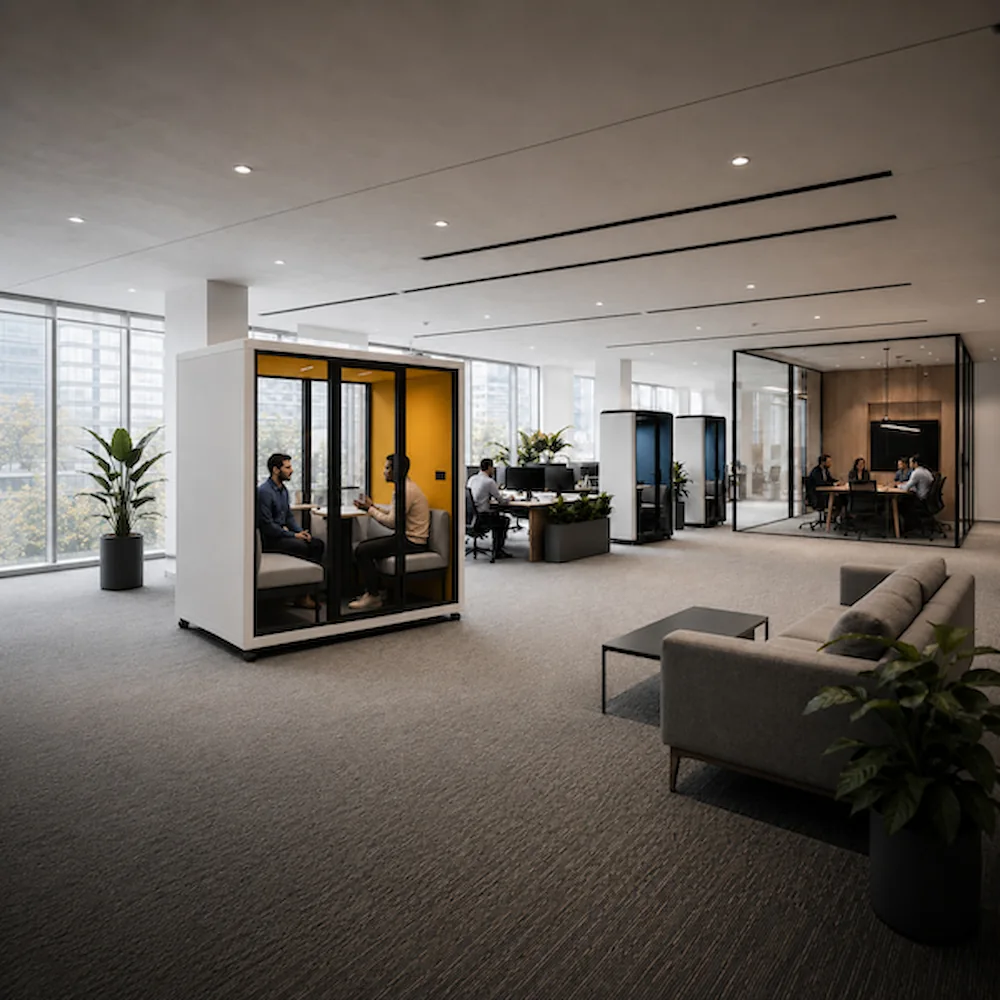office pods placed near team work areas to support smaller daily tasks outside formal meeting rooms