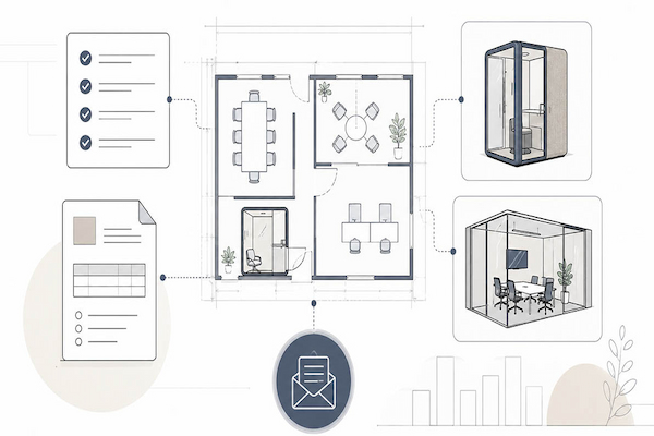 project review illustration for office pod and meeting-room planning