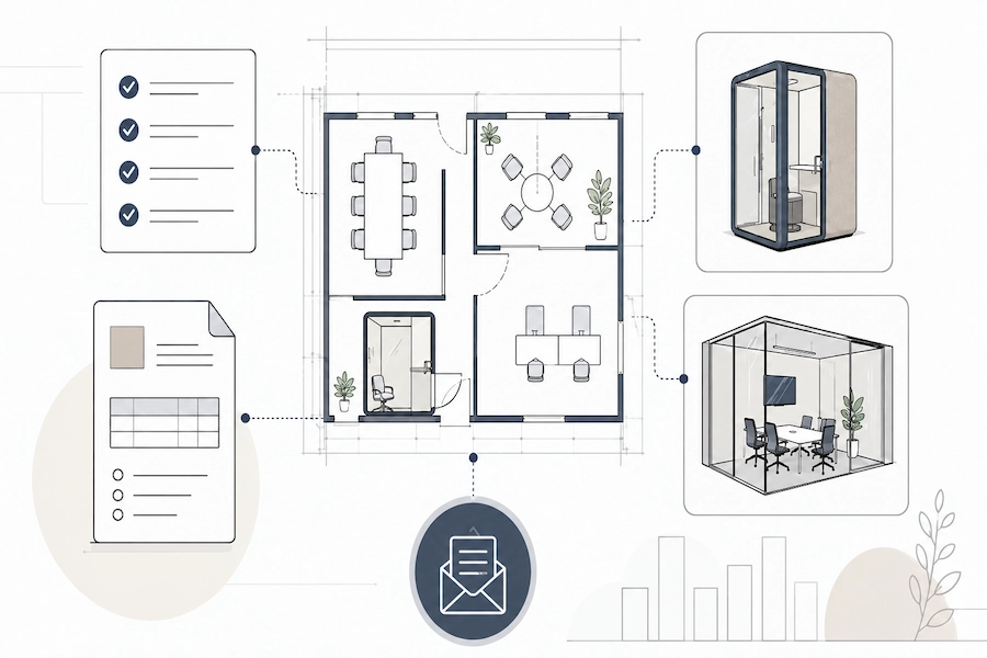 project review illustration for office pod and meeting-room planning