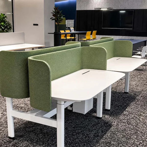 height adjustable workstation layout with privacy screens in an office setting