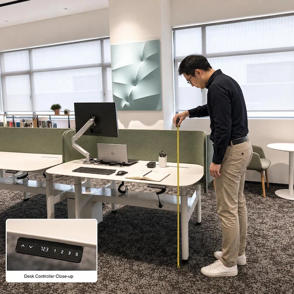 product staff measuring the height of a standing desk with a close up of the desk controller