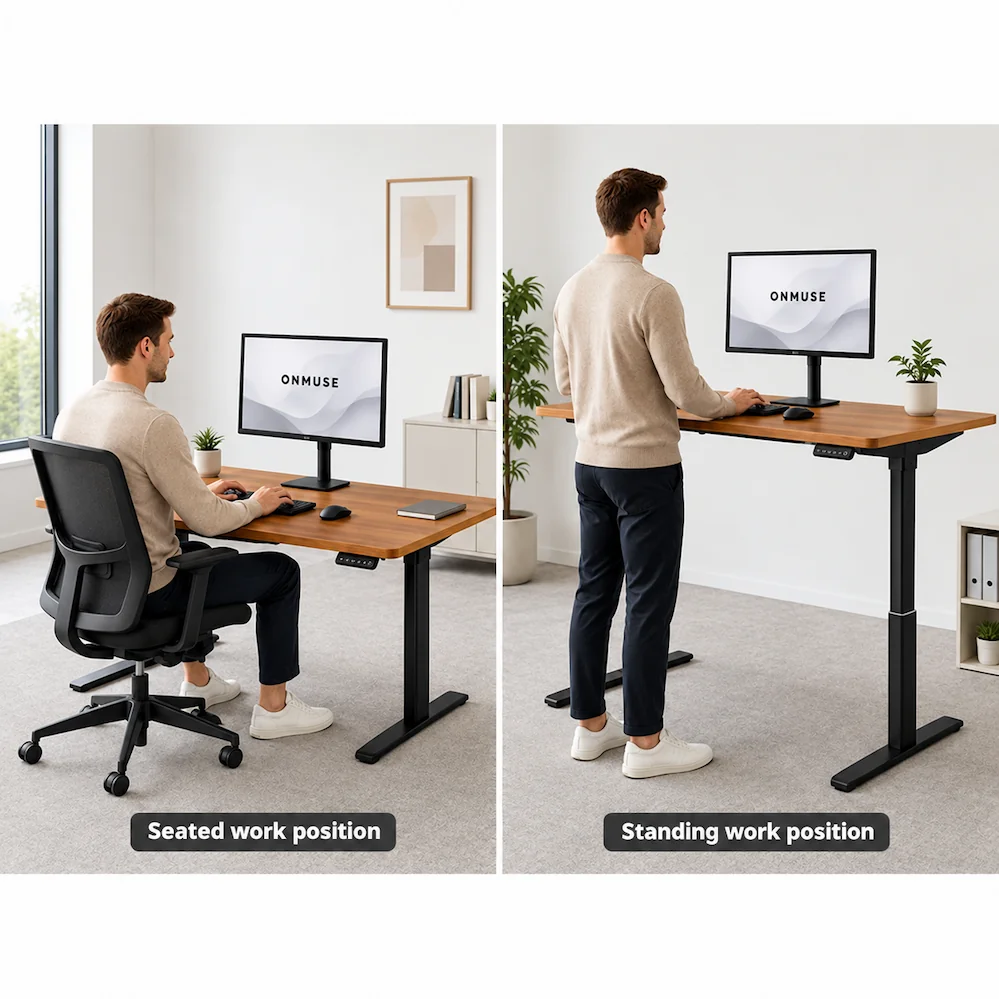 side by side seated and standing work positions using the same height adjustable desk