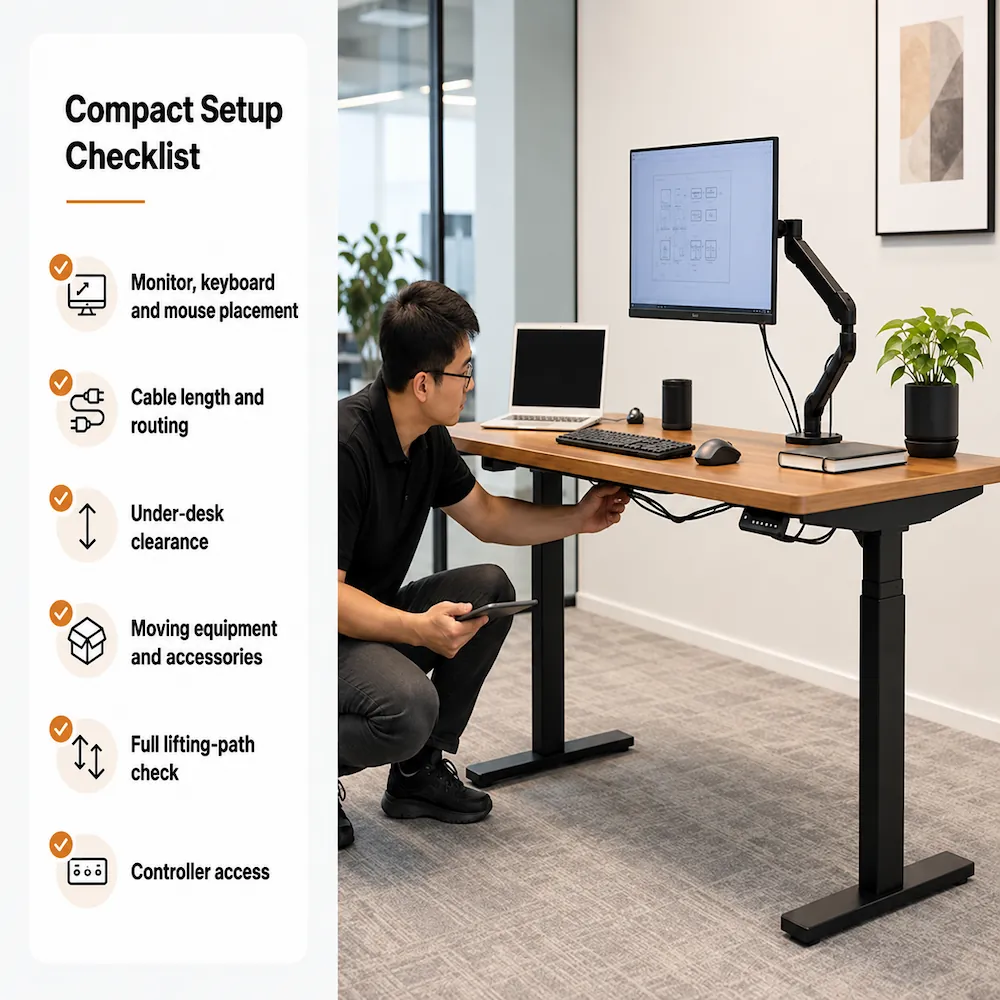 staff member checking cable clearance and setup details under a height adjustable desk