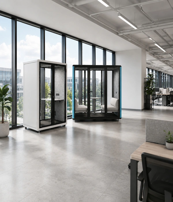 office phone booth with cad bim and 3d model request icons shown over a technical layout background