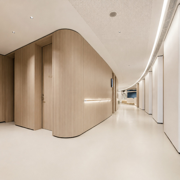 curved wood demountable wall corridor used as a visual reference for cad bim and 3d model coordination