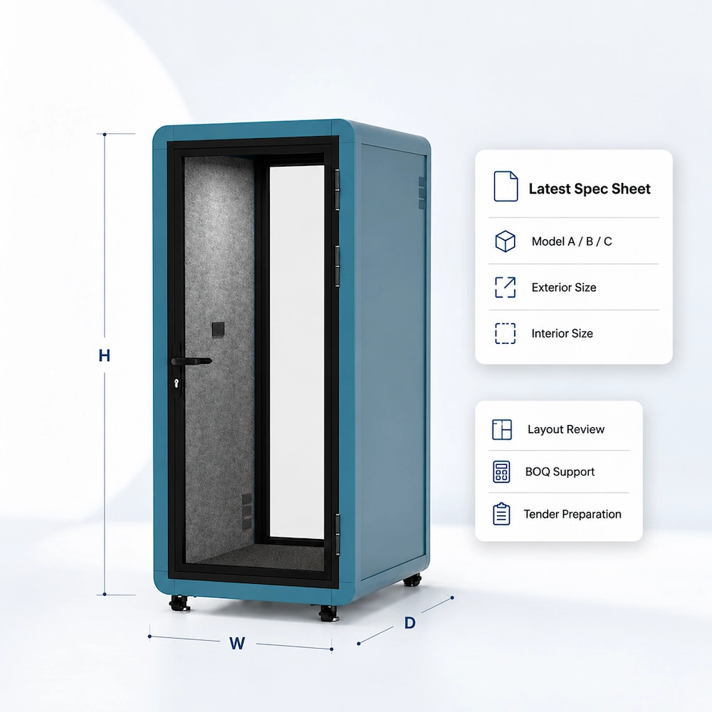 blue single person office phone booth with width depth and height dimension markers