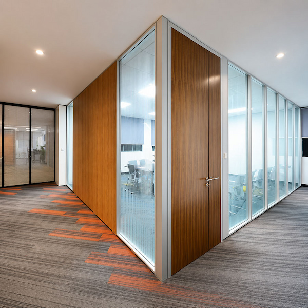 glass and wood demountable wall system in an office corridor for report and certificate request support