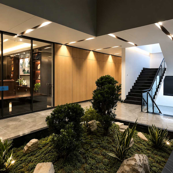 office interior with glass partitions and wood wall panels for checking report and certificate details