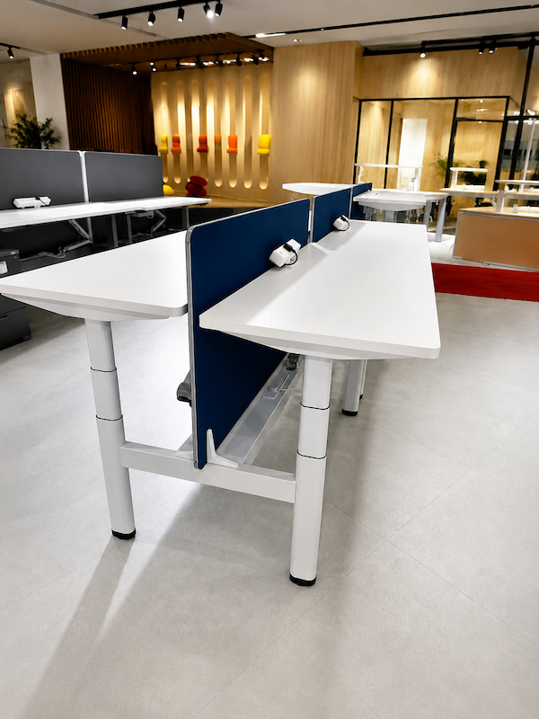 white height adjustable workstation desks with blue divider screens in a showroom