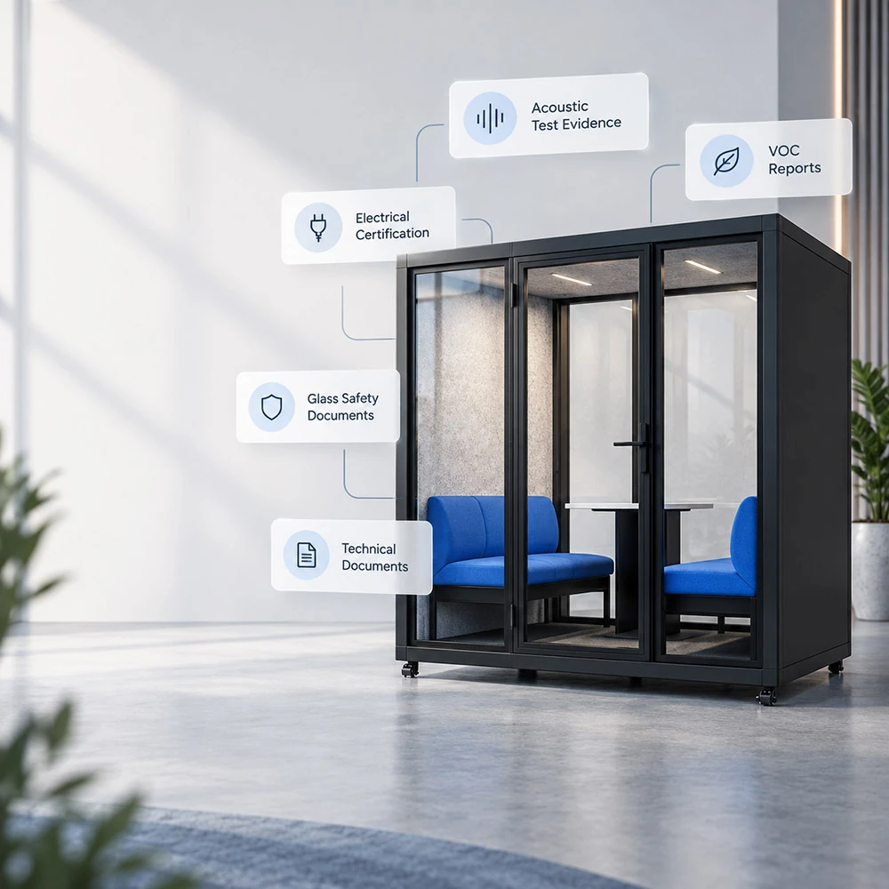 office phone booth with acoustic test evidence voc reports electrical certification glass safety documents and technical documents
