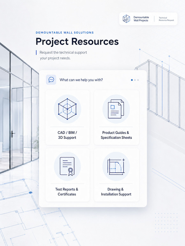 demountable wall technical resource request panel showing cad and bim support, specification sheets, reports and certificates, and drawing support