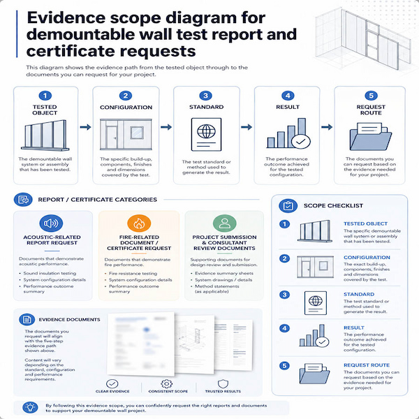 five step evidence scope check covering the tested object, configuration, test standard, result scope, and document request route