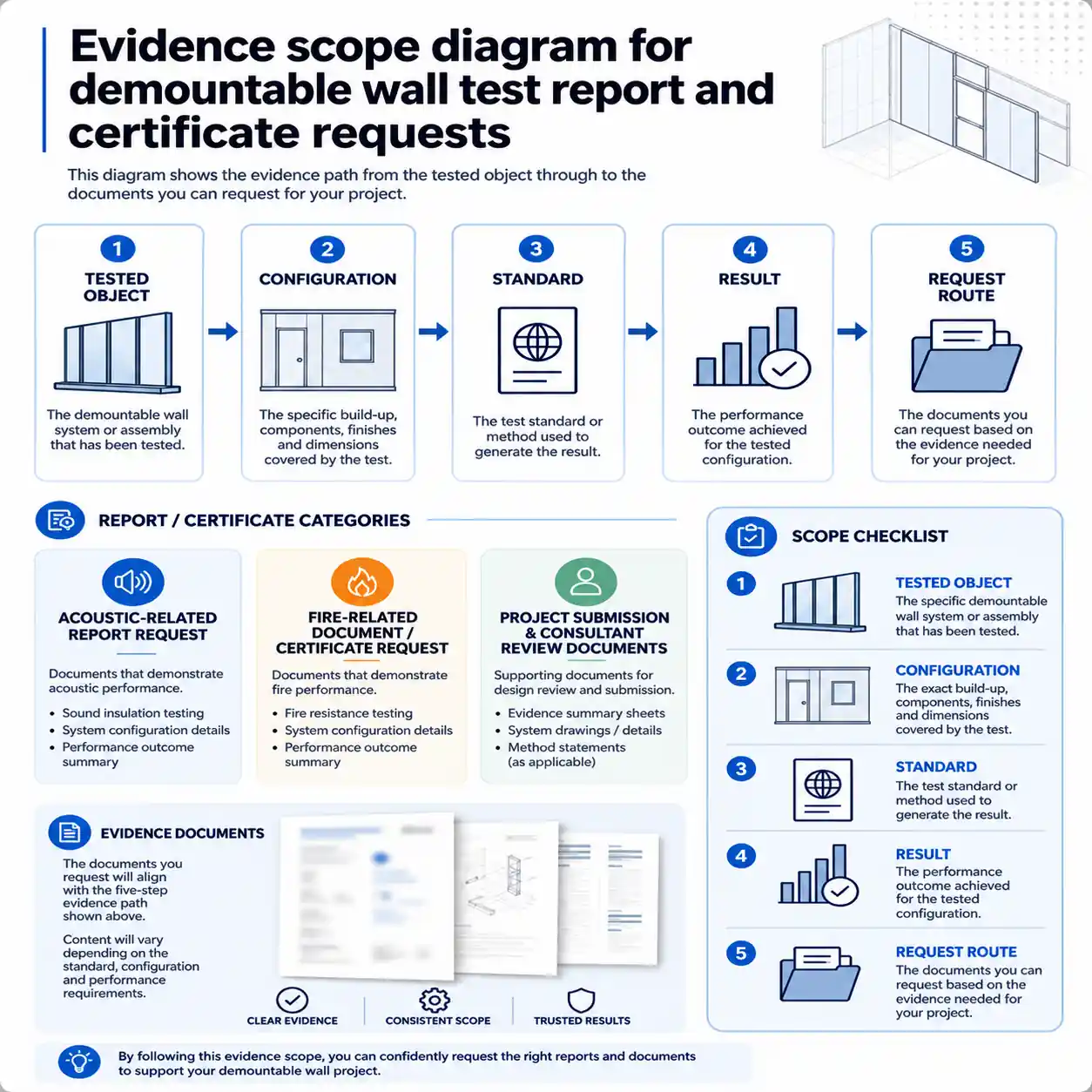 five step evidence scope check covering the tested object, configuration, test standard, result scope, and document request route