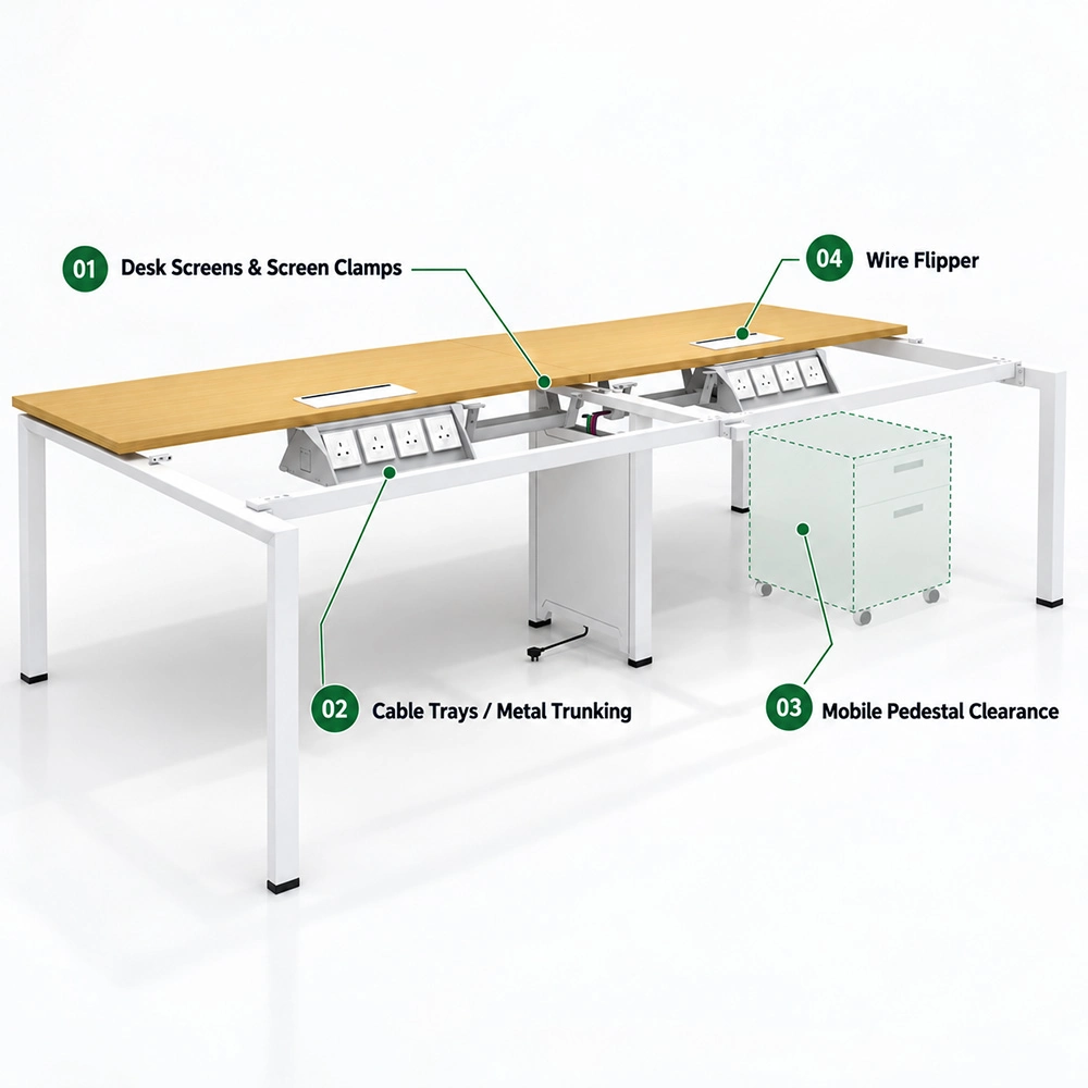 table frame accessory compatibility check showing desk screens cable trays mobile pedestal and wire flipper