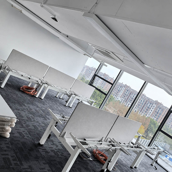 multi station height adjustable workstation frames with privacy screens cables and installation materials