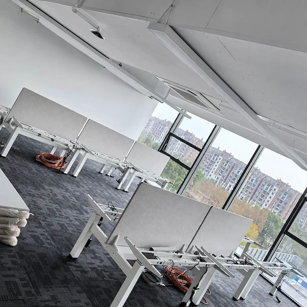 multi station height adjustable workstation frames with privacy screens cables and installation materials
