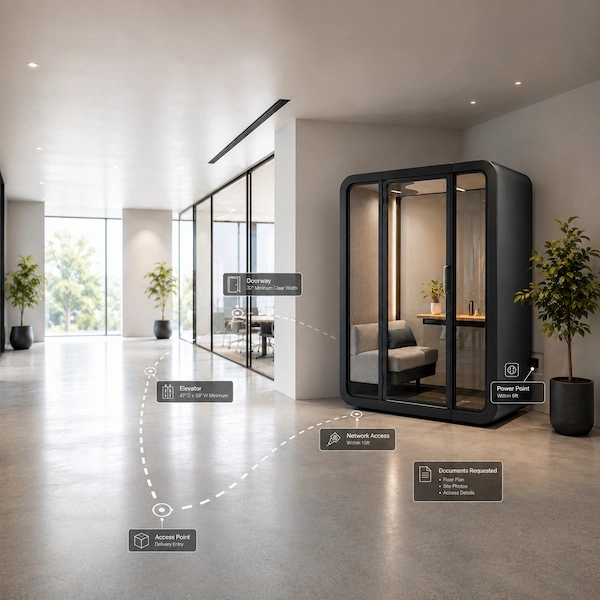 modern office phone booth installation planning visual showing site access moving path power and network readiness in an office layout