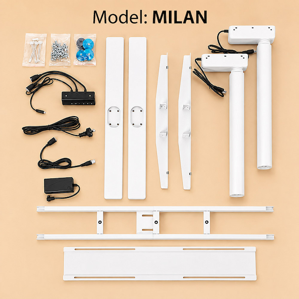 milan height adjustable desk frame parts laid out for identification including lifting columns frame rails controller cables and fasteners