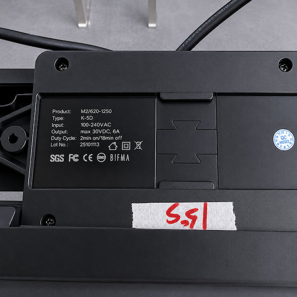 standing desk control box label showing product m2620 1250 type k 5d and lot number 25101113 for part identification