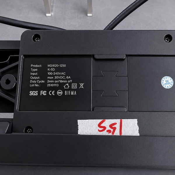 standing desk control box label showing product m2620 1250 type k 5d and lot number 25101113 for part identification