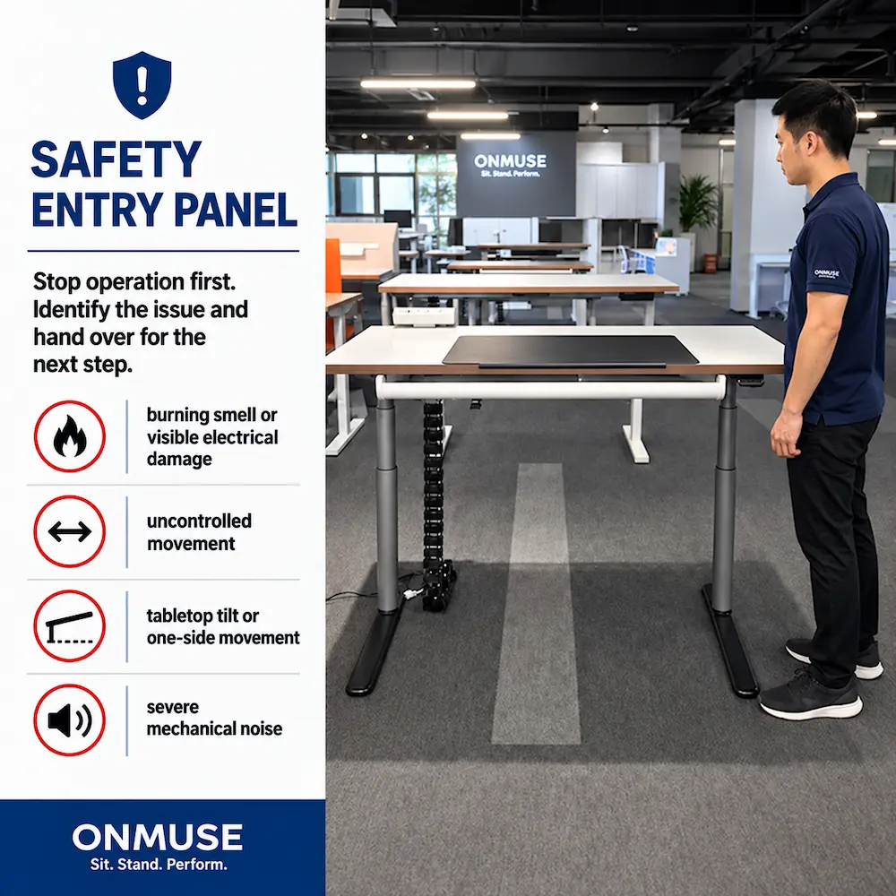 onmuse staff member standing beside a height adjustable desk next to a safety panel showing warning signs that require troubleshooting to stop