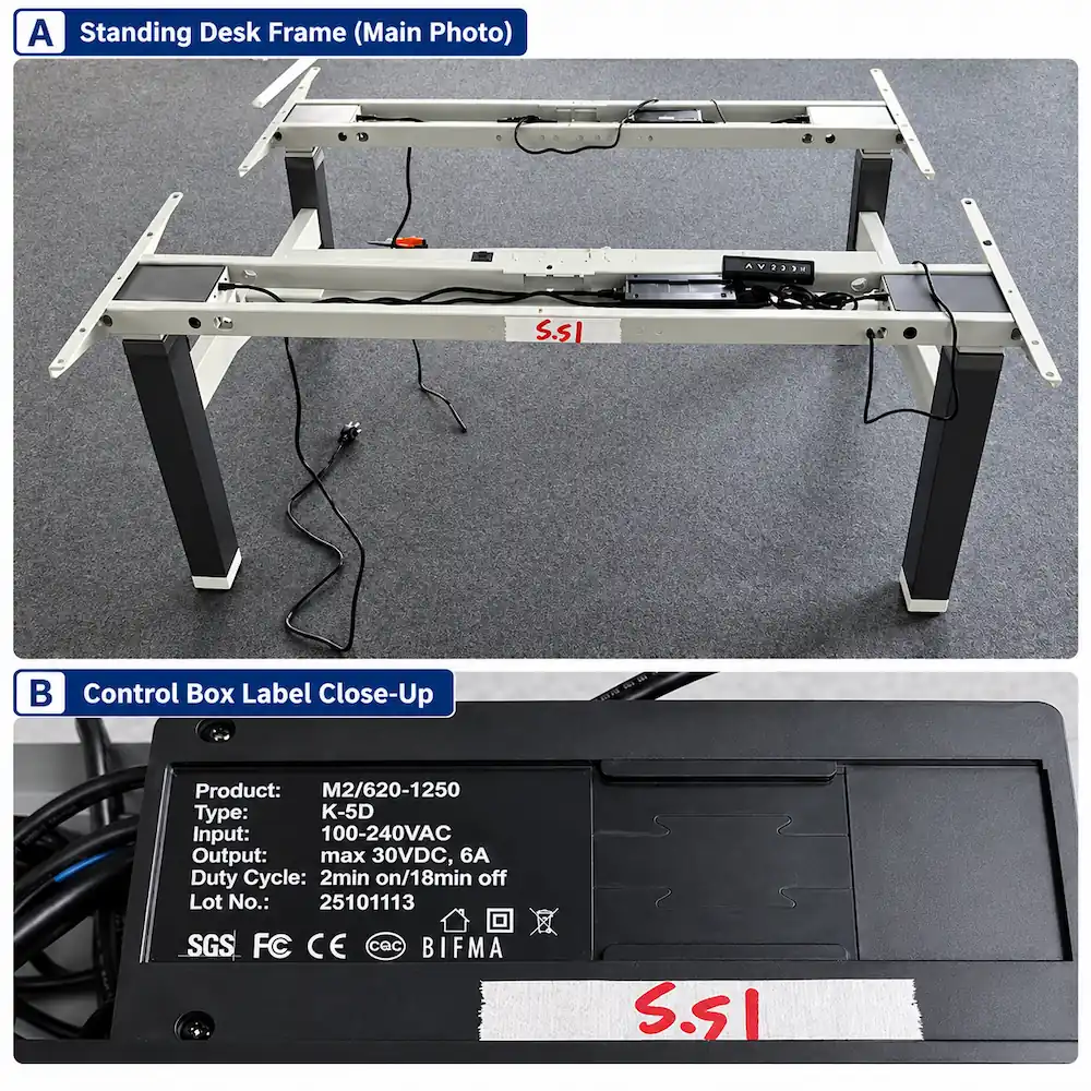 two part reference showing an exposed standing desk frame with control wiring and a close up of the control box label with product electrical input and duty cycle details