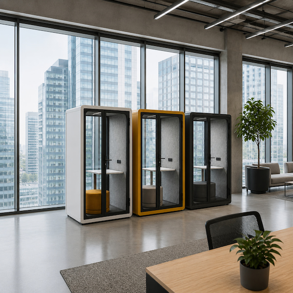 three single person office phone booths in different finishes in a modern office