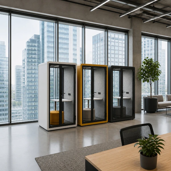 three single person office phone booths in different finishes in a modern office