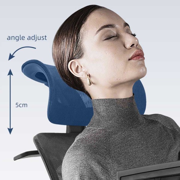 A woman is lying on a mesh office chair with a headrest.