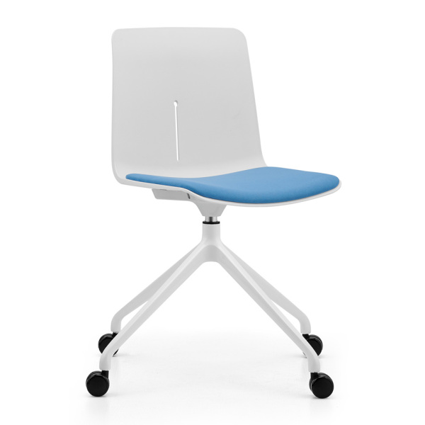 office chair no arms-white plastic chair with blue cushion and die casting leg with wheels